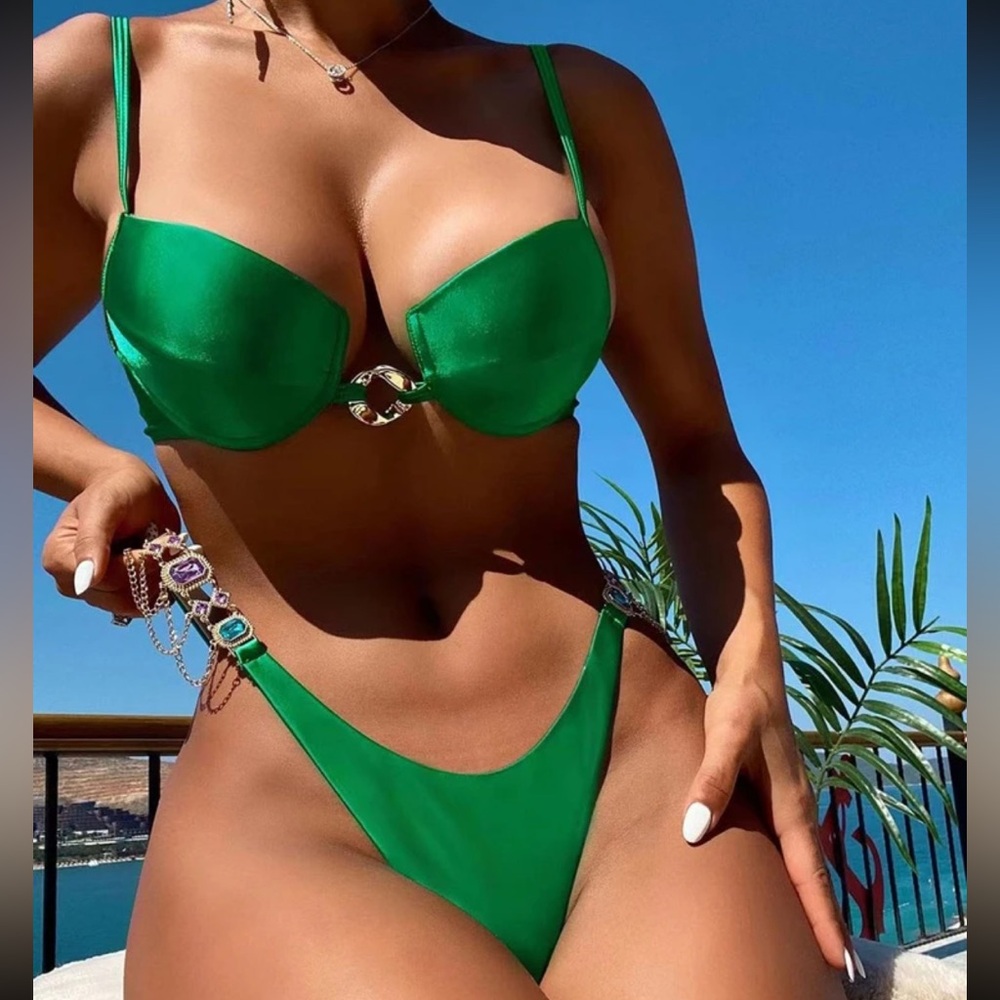 Green Crystal Embellished Bikini Set